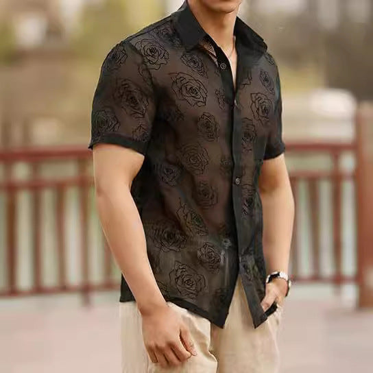 Joseph – Chemise à Manches Courtes avec Motif de Roses et Design en Mesh