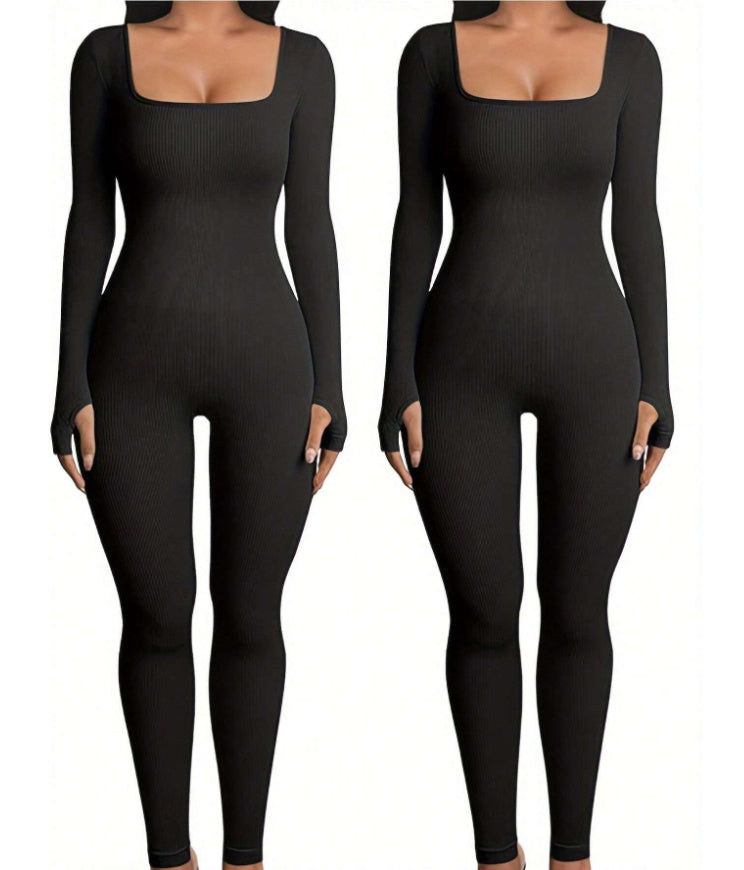 Abigail – Jumpsuit de Fitness à Manches Longues et Col Carré