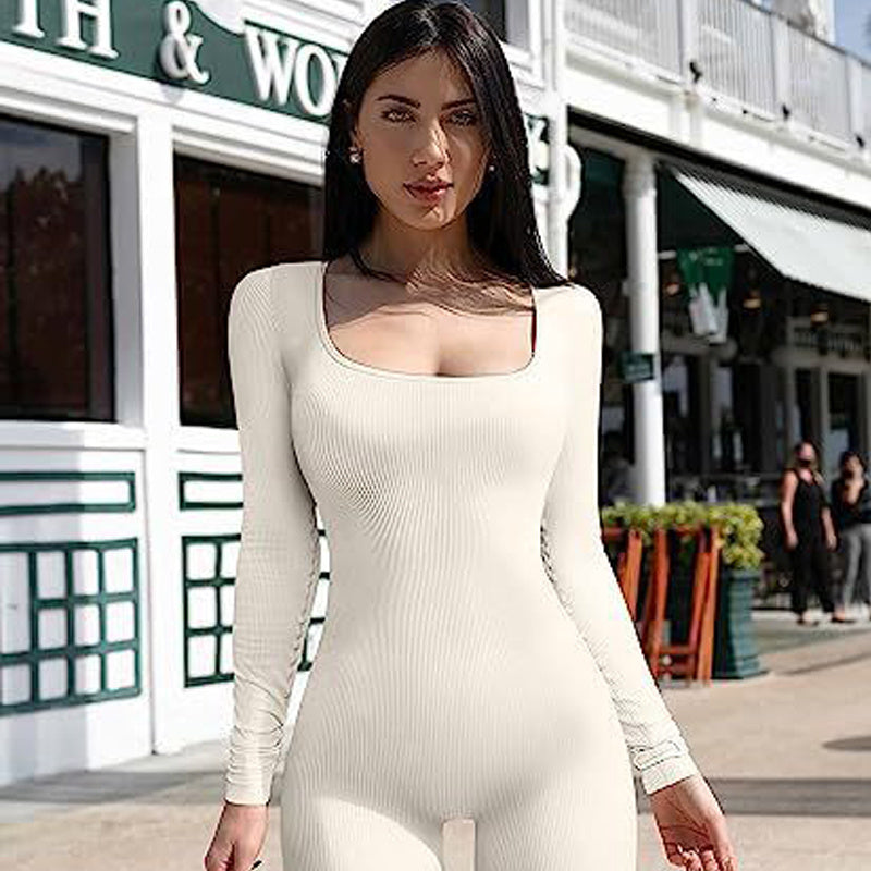 Abigail – Jumpsuit de Fitness à Manches Longues et Col Carré