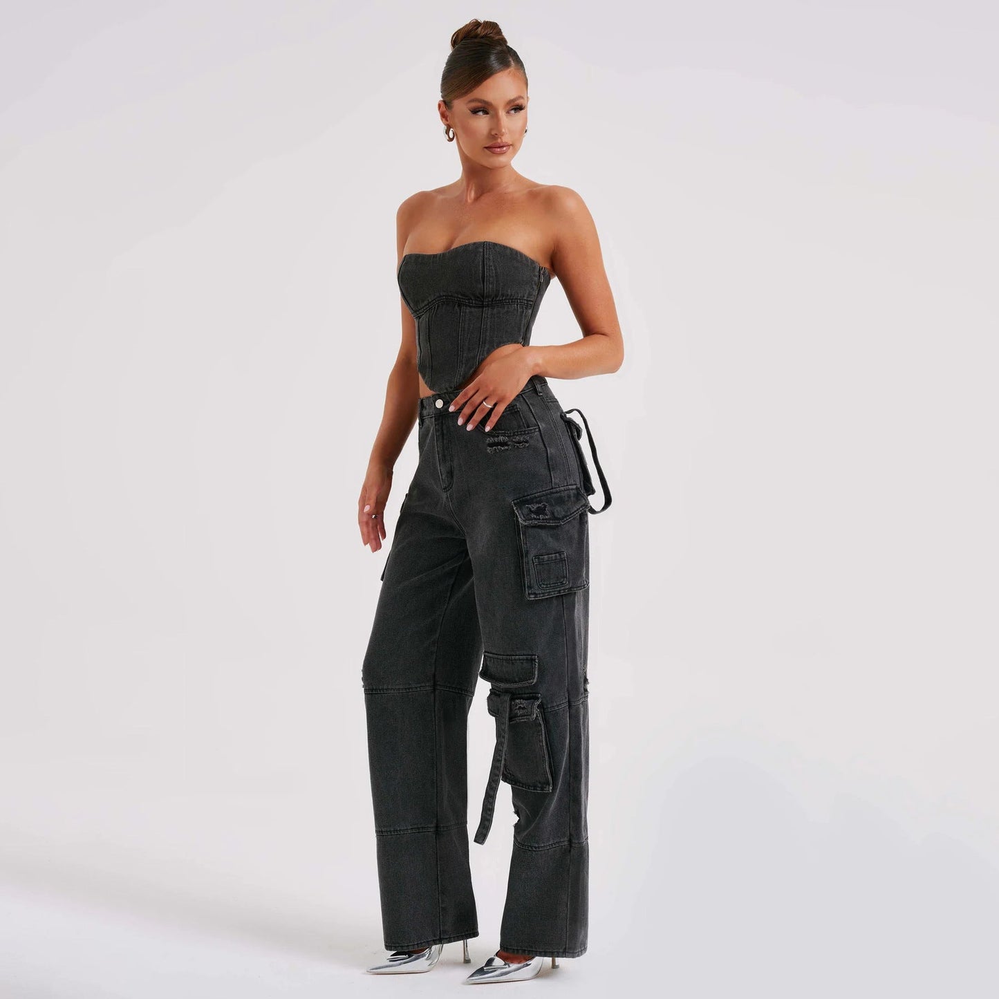 Sarah – Pantalon en denim taille basse avec coutures décoratives