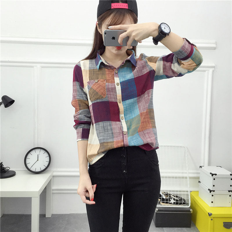 Karen – Blouse Vintage à Carreaux en Lin et Coton à Manches Longues