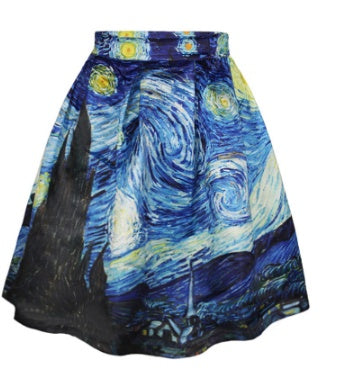 Rose – Mini-Jupe Évasée avec Impression 3D de La Nuit Étoilée de Van Gogh