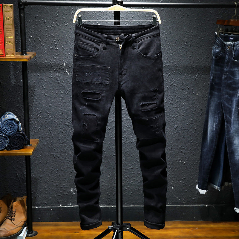Jeremy – Nouveau jean noir pur pour hommes avec déchirures et stretch