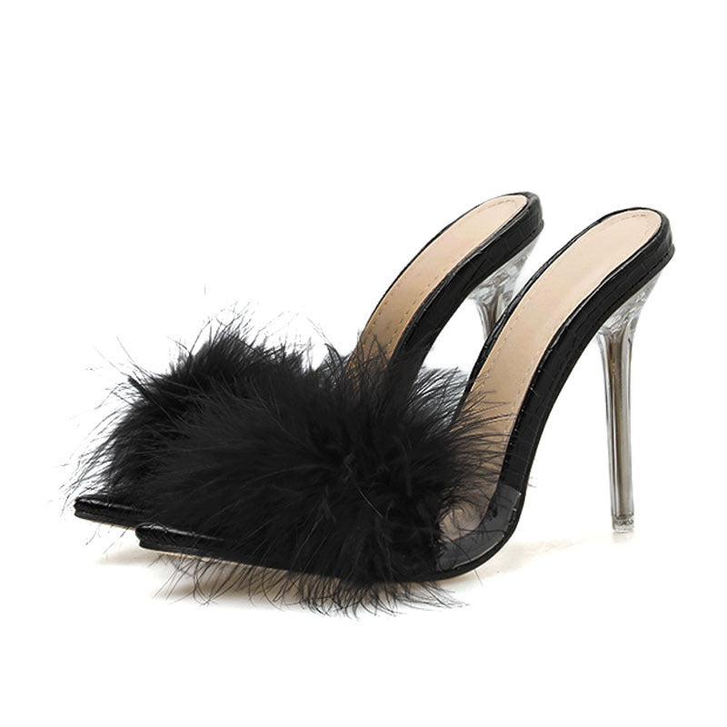 Kimberley – Talons hauts transparents en cristal avec fourrure éventail