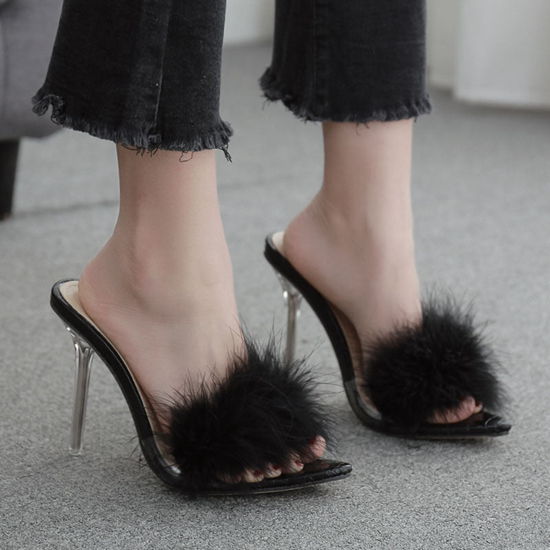 Kimberley – Talons hauts transparents en cristal avec fourrure éventail