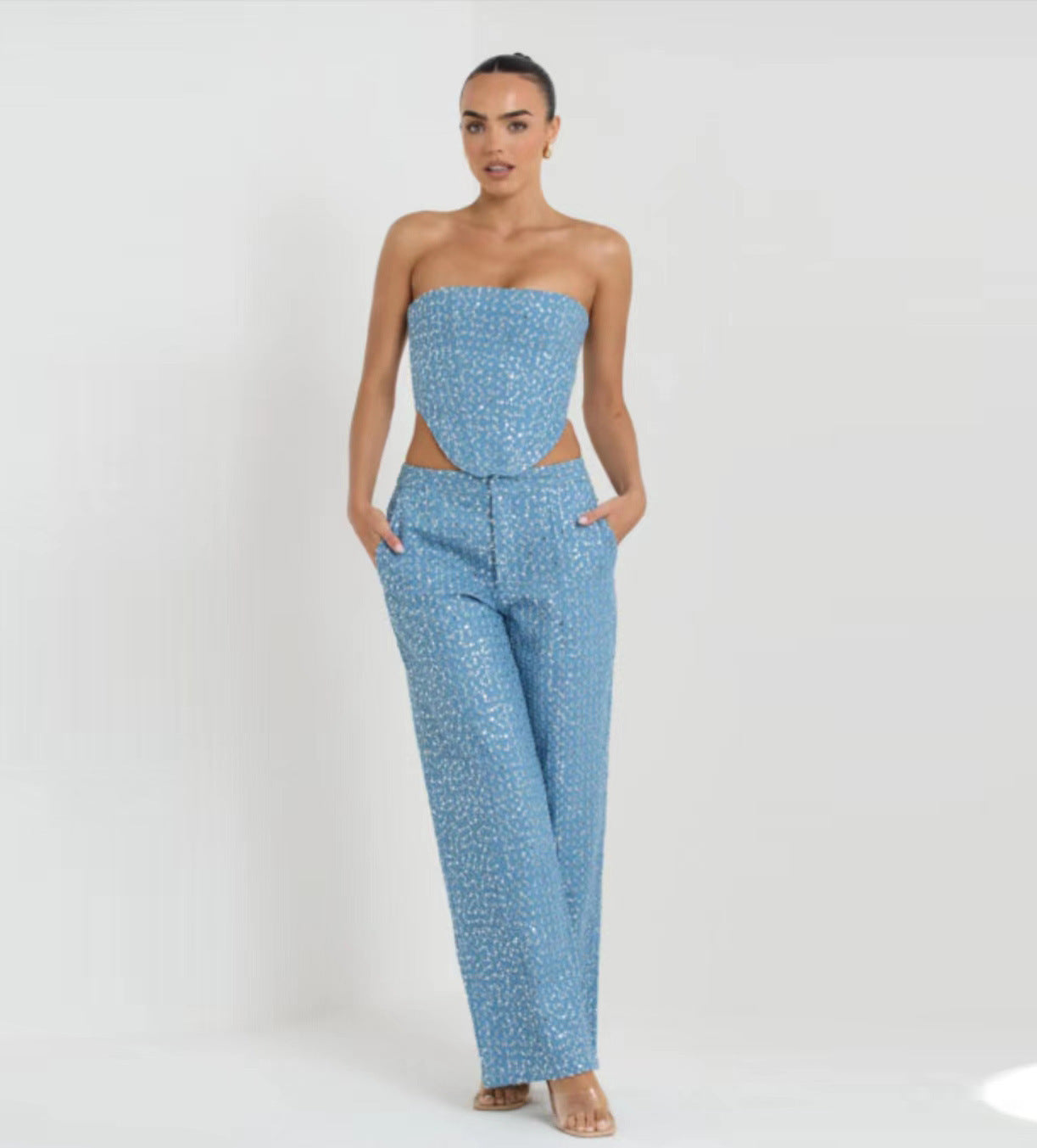 Joan – Ensemble Tube Top en Denim à Sequins avec Pantalon Large