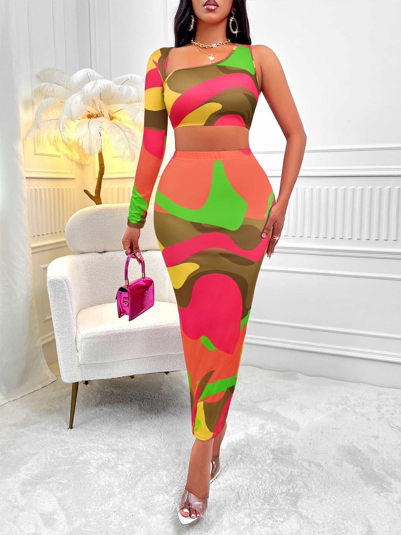 Michelle – Ensemble asymétrique à une épaule avec imprimé