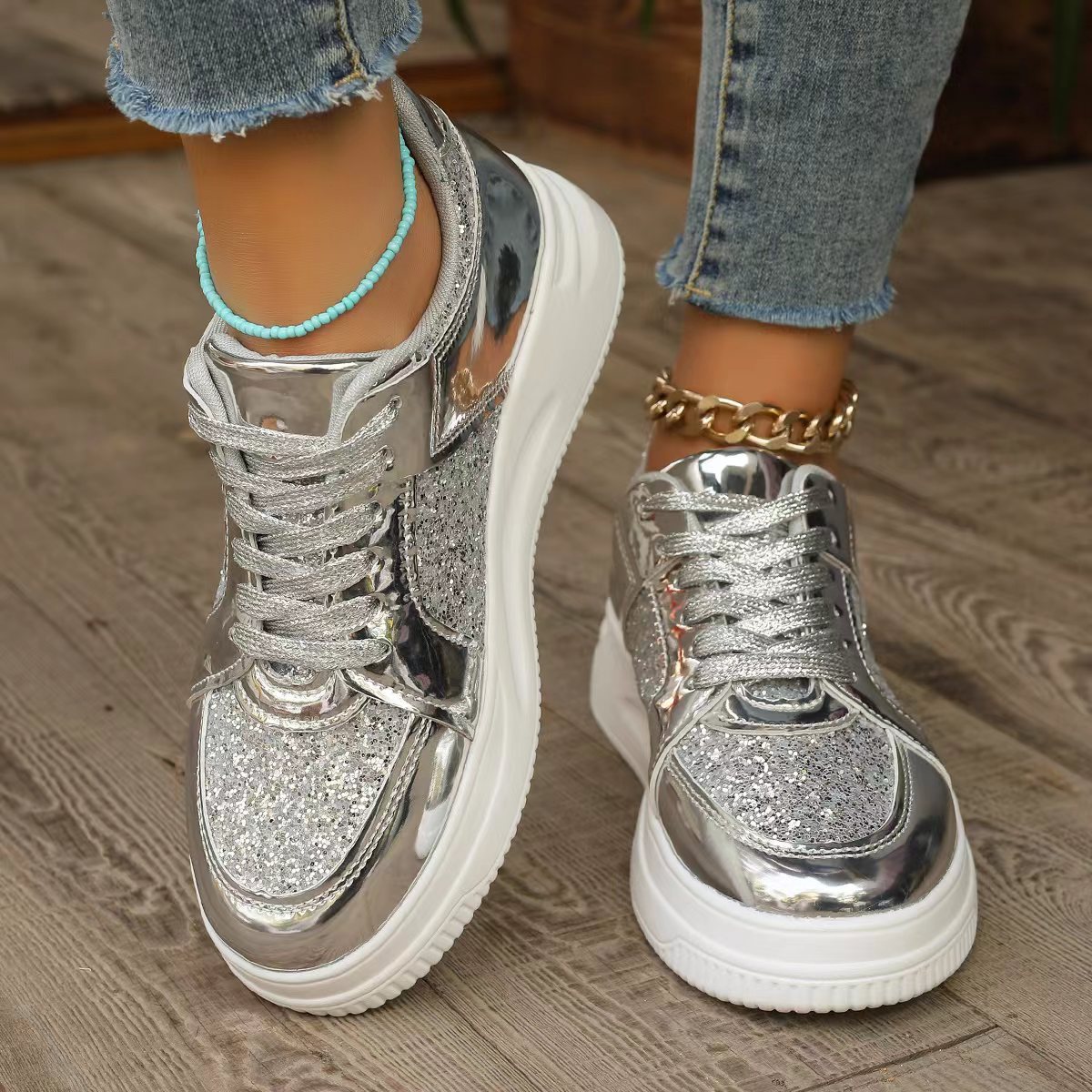 Brenda – Baskets à lacets avec paillettes et semelle antidérapante