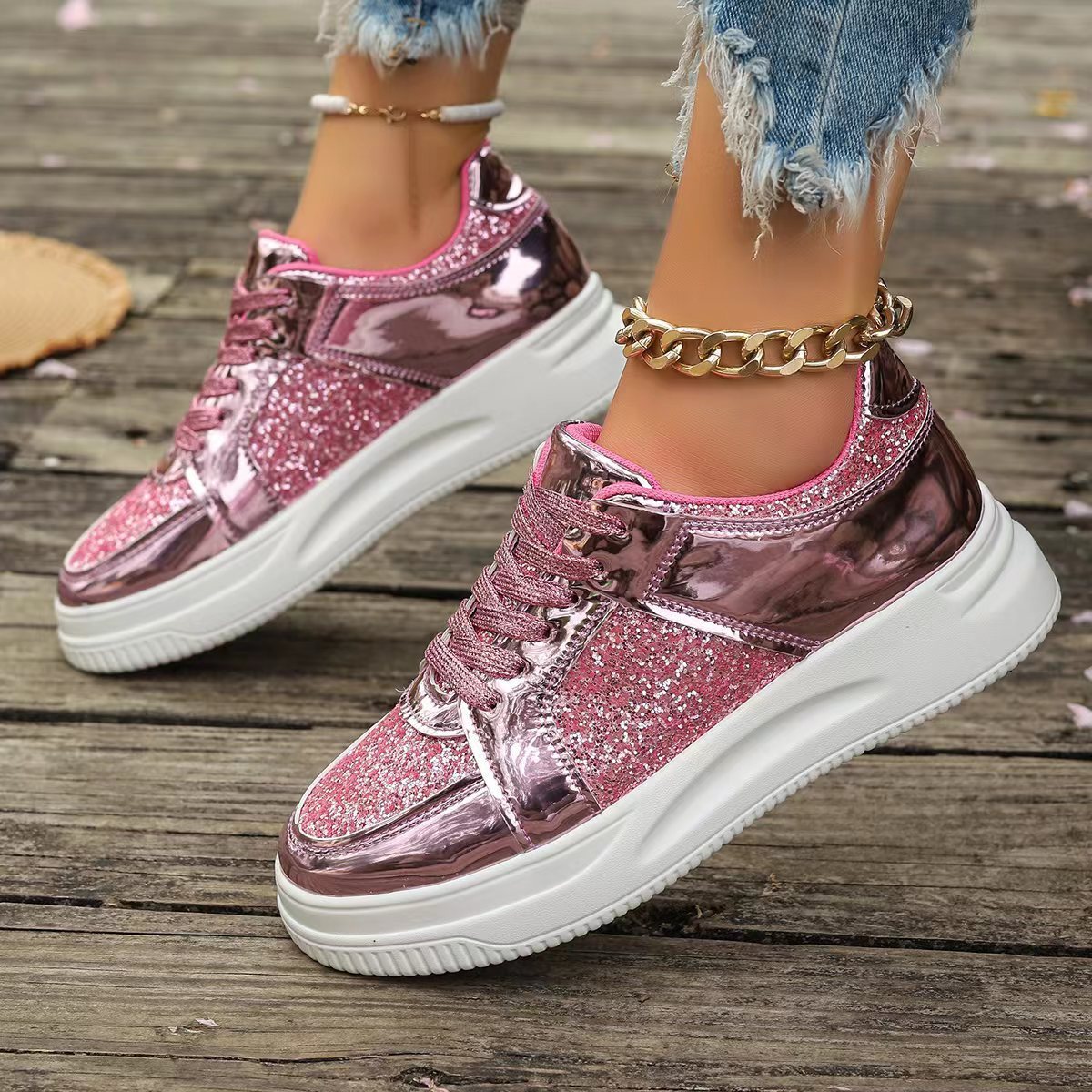 Brenda – Baskets à lacets avec paillettes et semelle antidérapante