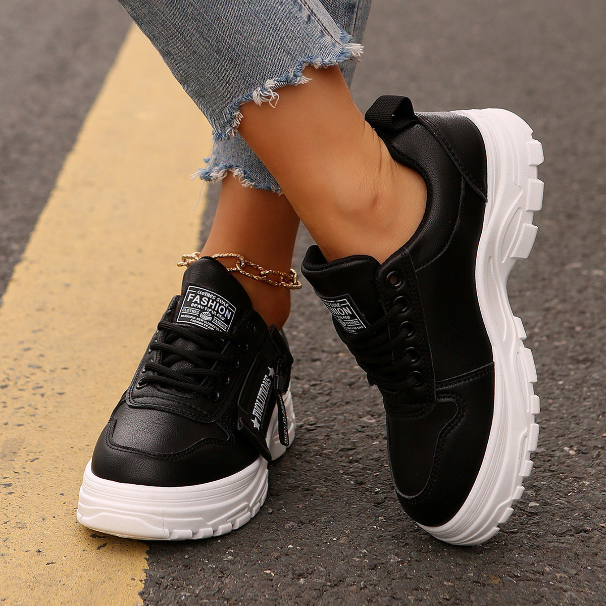 Heather – Sneaker à Lacets avec Fermeture Éclair Latérale et Semelle Épaisse