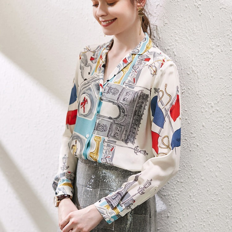 Claire – Blouse en Chiffon à Imprimé Rétro