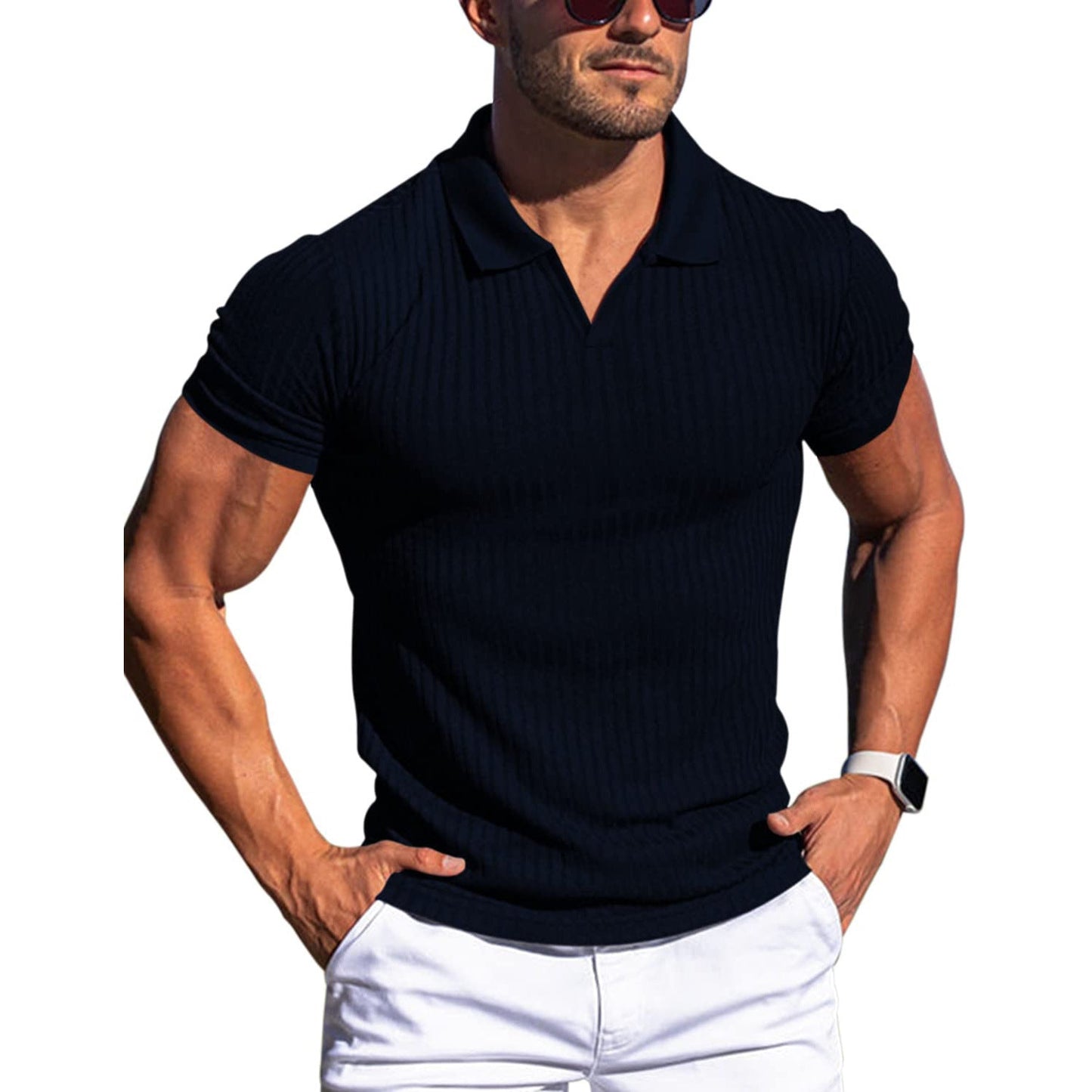 Damien – T-shirt à rayures verticales pour hommes avec col en V