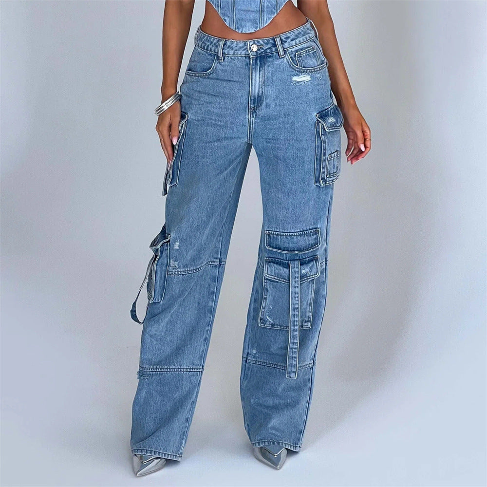 Sarah – Pantalon en denim taille basse avec coutures décoratives