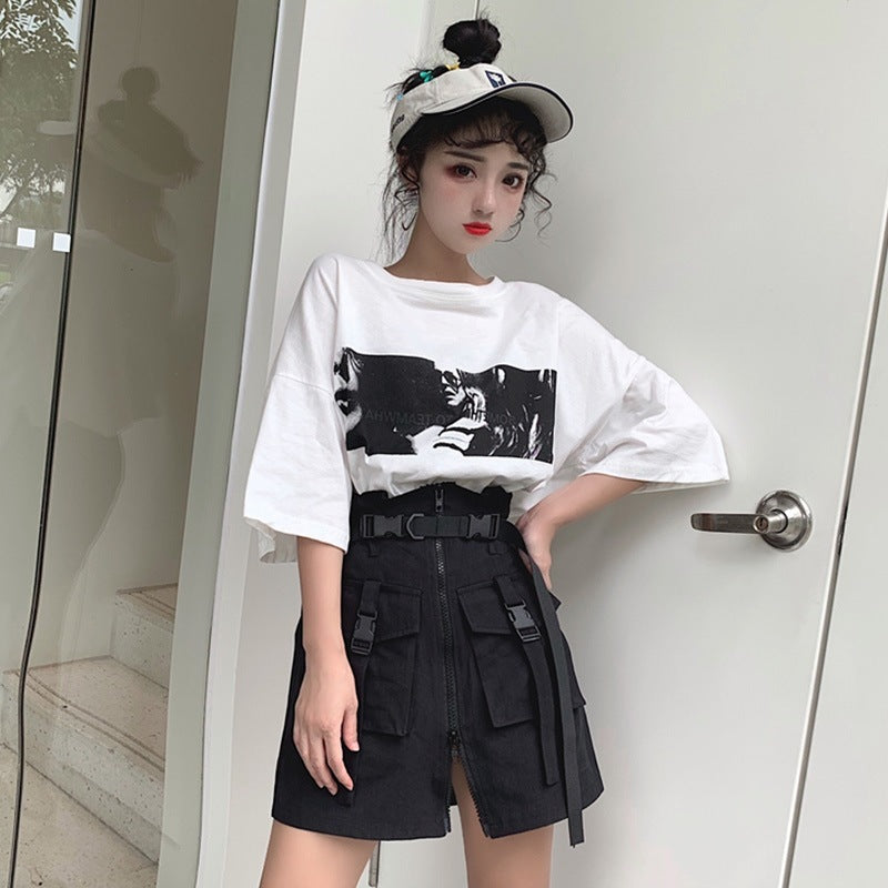 Danielle – Jupe Taille Haute Style Harajuku avec Poches et Fermeture Éclair