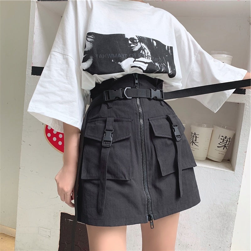 Danielle – Jupe Taille Haute Style Harajuku avec Poches et Fermeture Éclair
