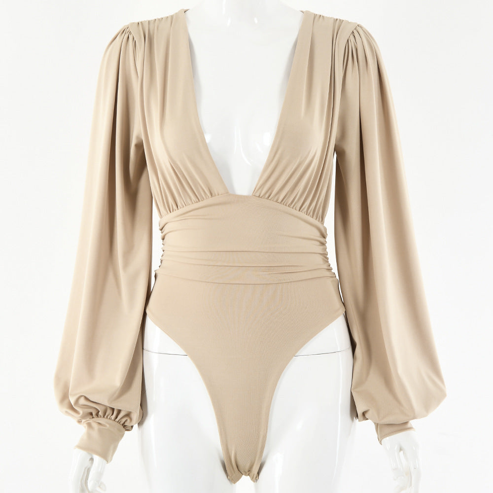 Grace – Body à Manches Longues Sexy avec Profond Décolleté en V et Taille Cintrée