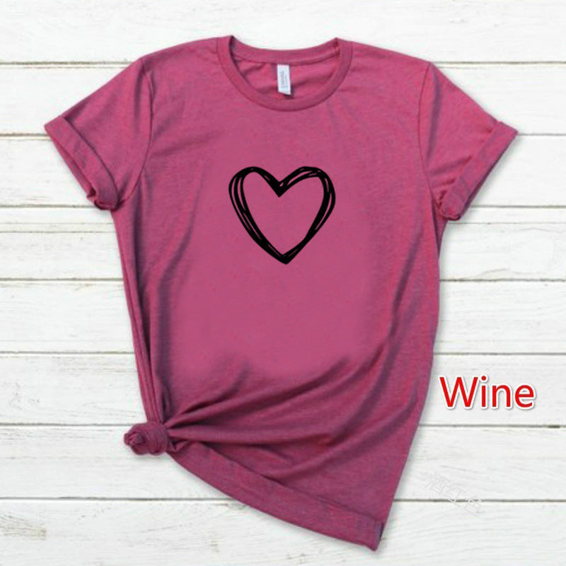 Adèle – T-shirt à motif cœur pour femme, manches courtes, col rond, ample