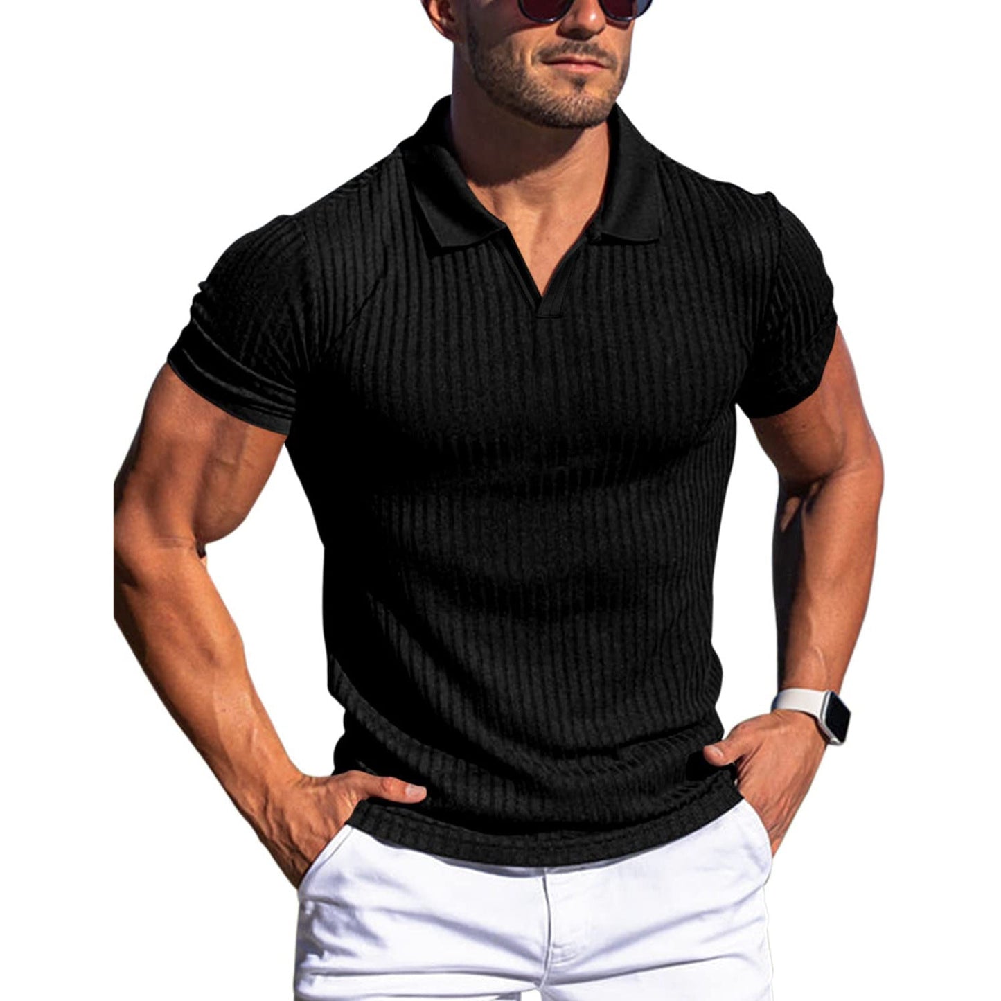 Damien – T-shirt à rayures verticales pour hommes avec col en V