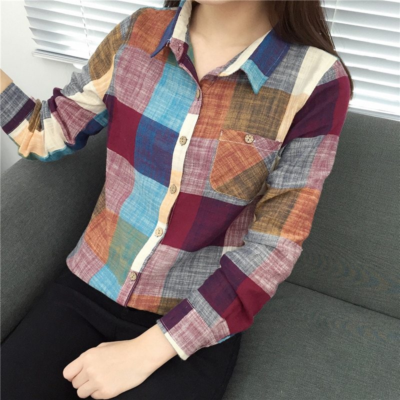 Karen – Blouse Vintage à Carreaux en Lin et Coton à Manches Longues