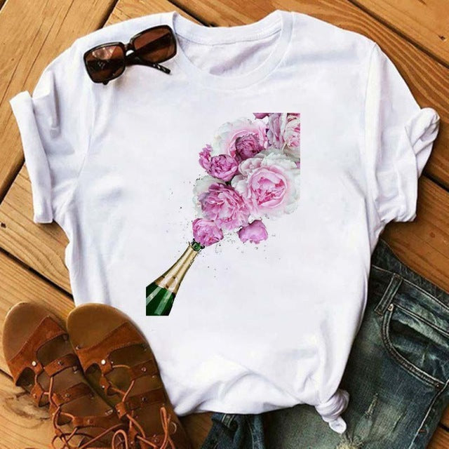Emily – T-shirt Kawaii avec motif verre à vin rose