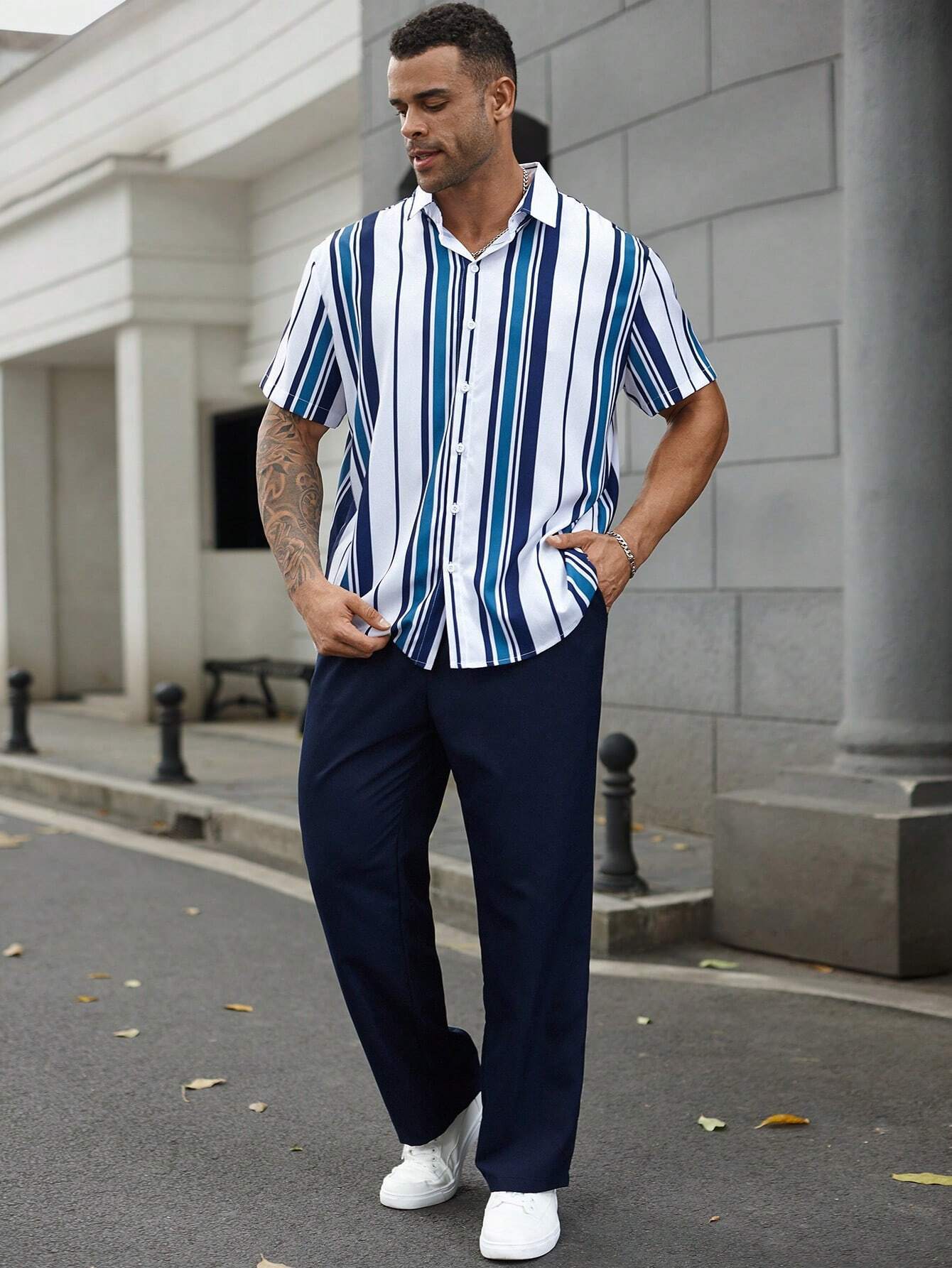 Anton – Costume Chemise à Rayures Décontracté et Stylé