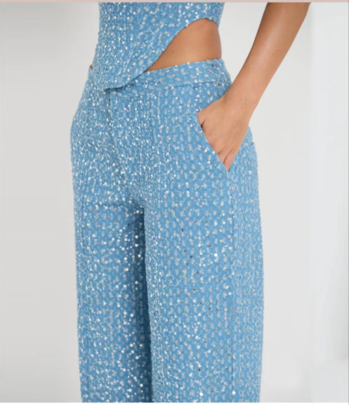 Joan – Ensemble Tube Top en Denim à Sequins avec Pantalon Large