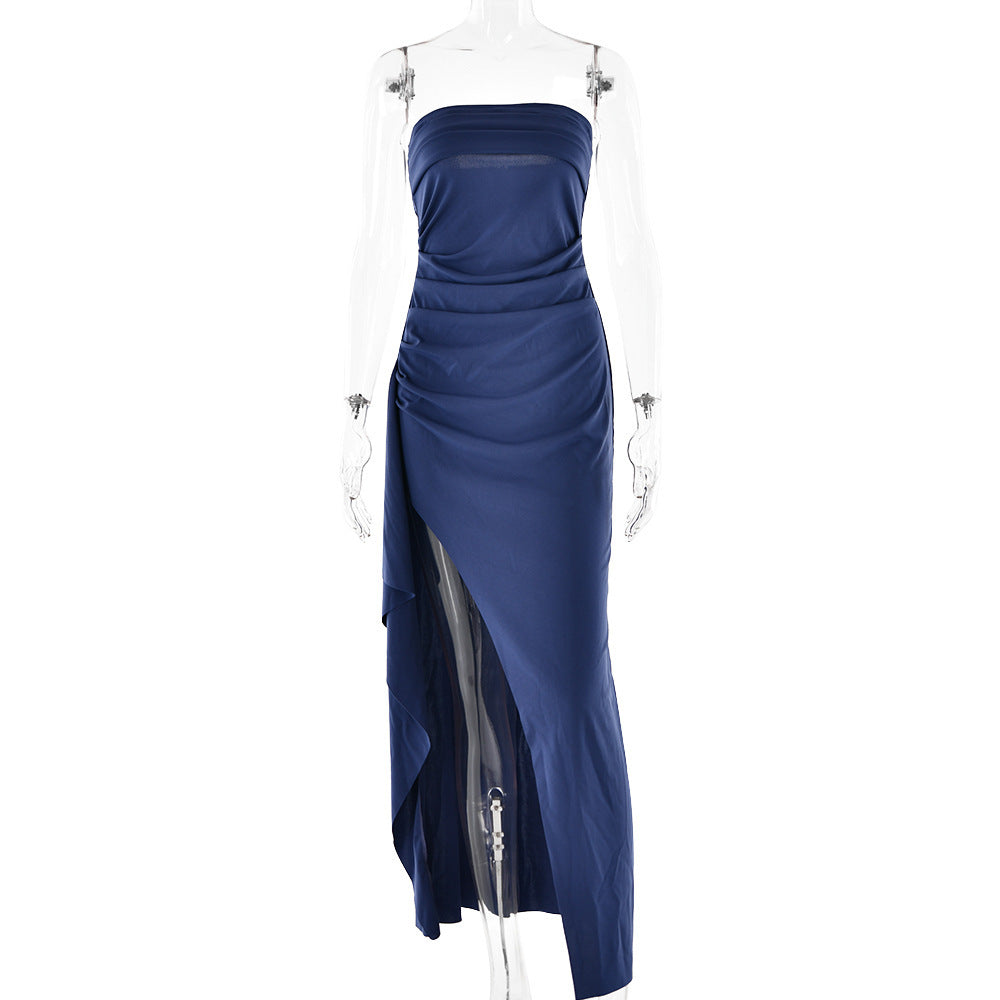 Angela – Robe Longue Sans Bretelles avec Fente et Plissé