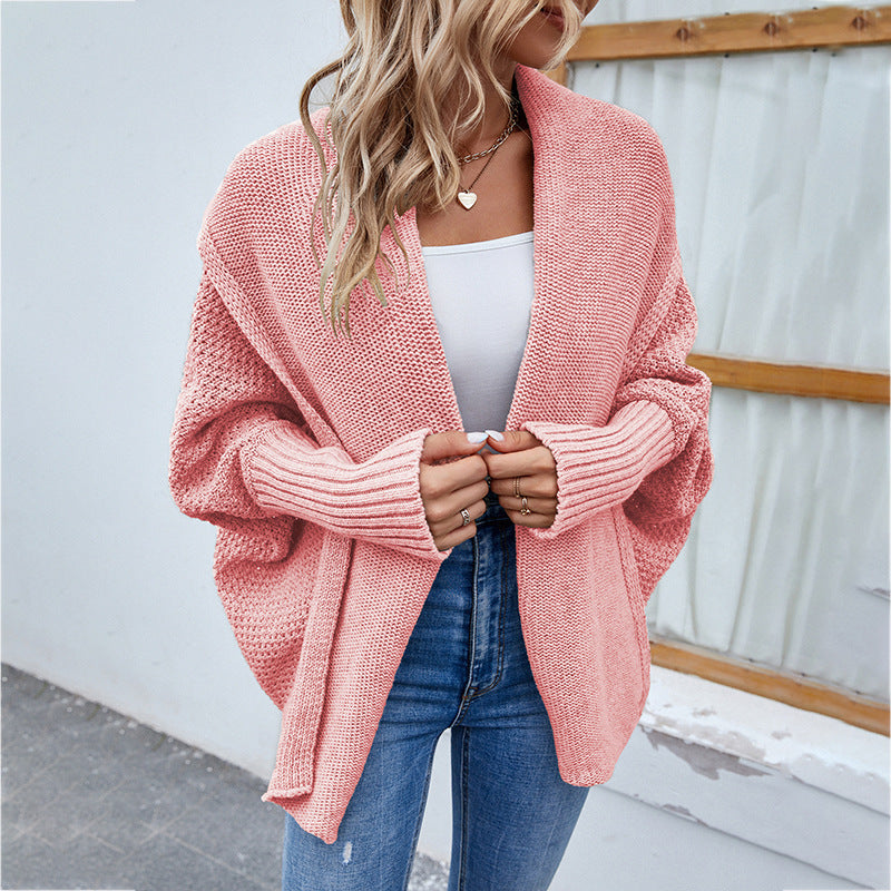 Carly – Cardigan en Tricot Décontracté avec Manches Chauve-souris et Grand Revers