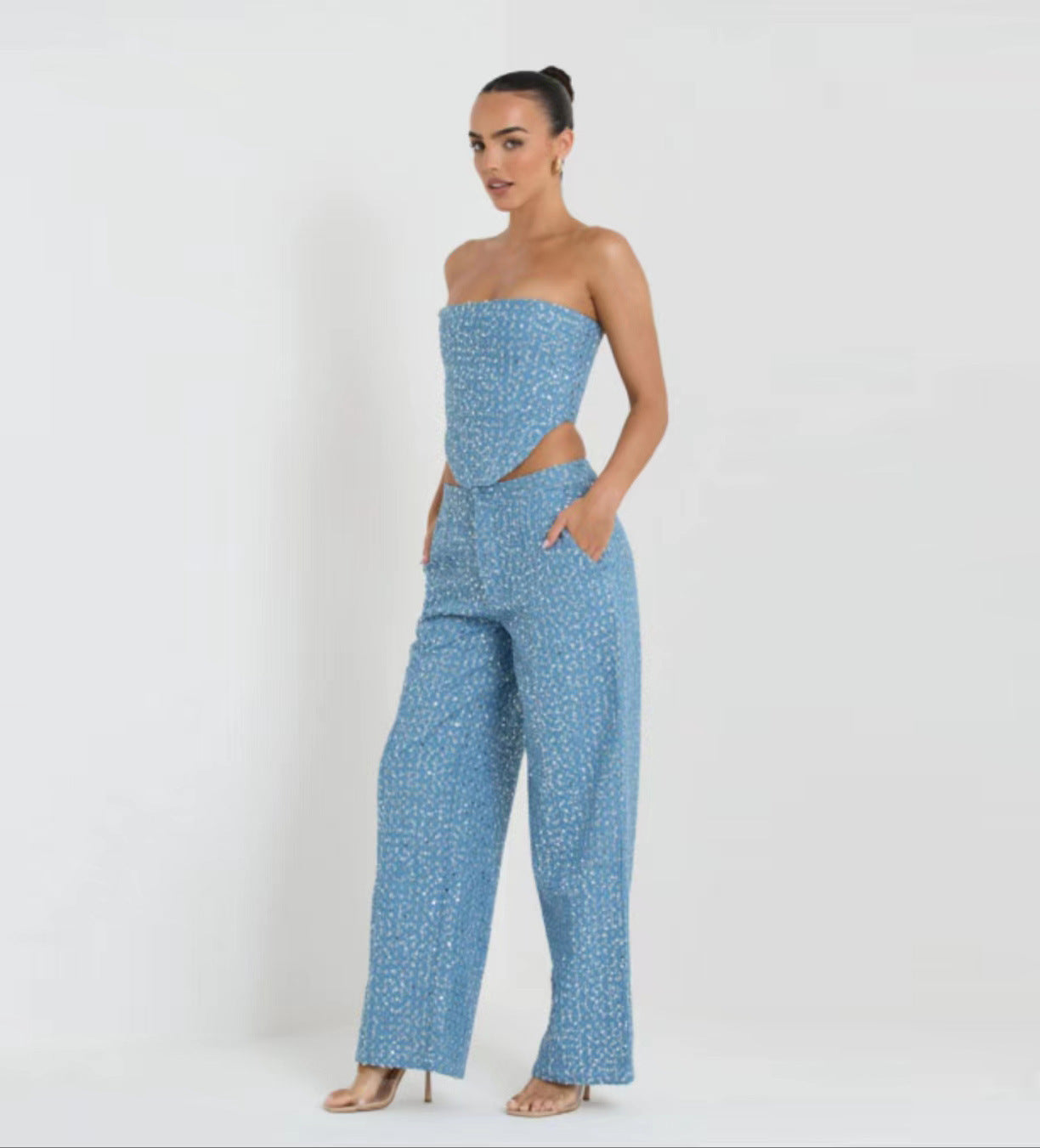 Joan – Ensemble Tube Top en Denim à Sequins avec Pantalon Large