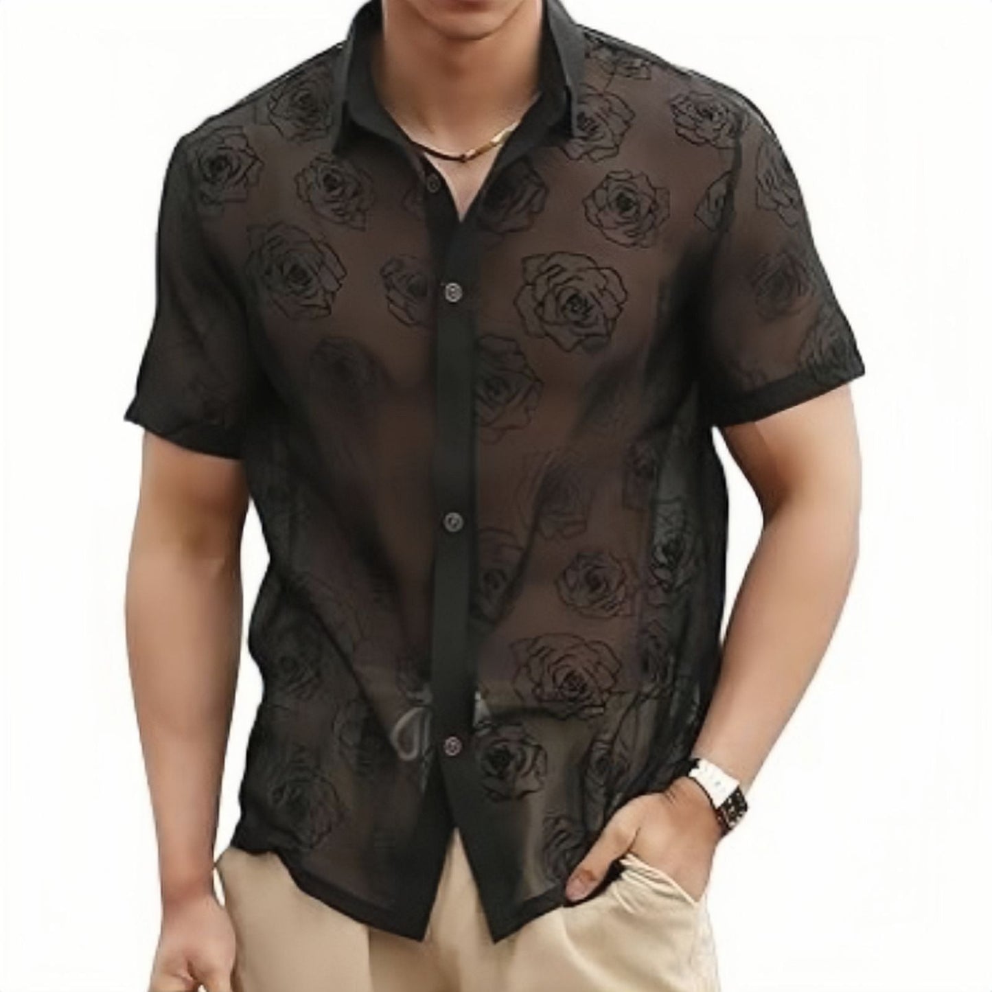 Joseph – Chemise à Manches Courtes avec Motif de Roses et Design en Mesh