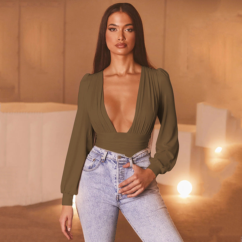 Grace – Body à Manches Longues Sexy avec Profond Décolleté en V et Taille Cintrée