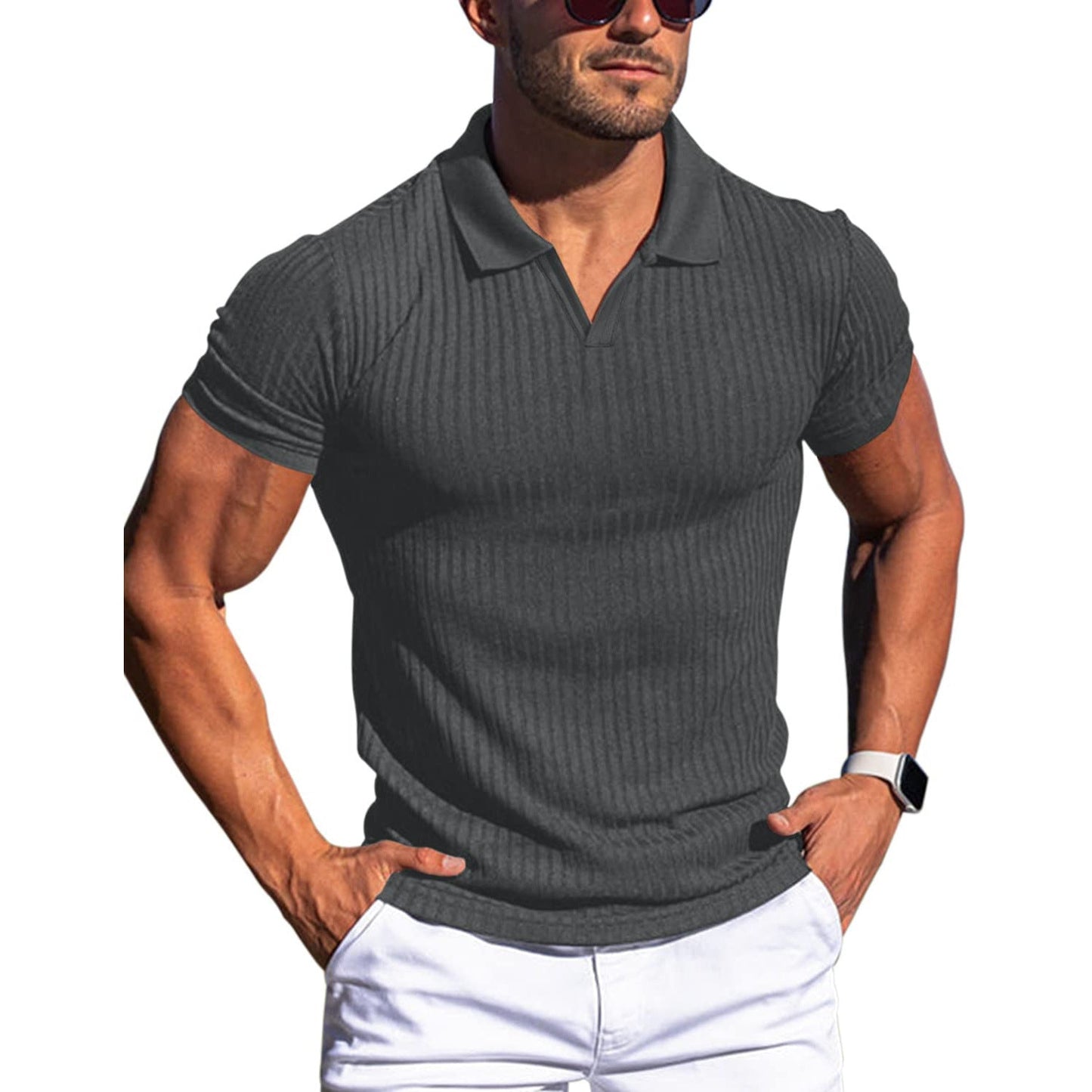 Damien – T-shirt à rayures verticales pour hommes avec col en V