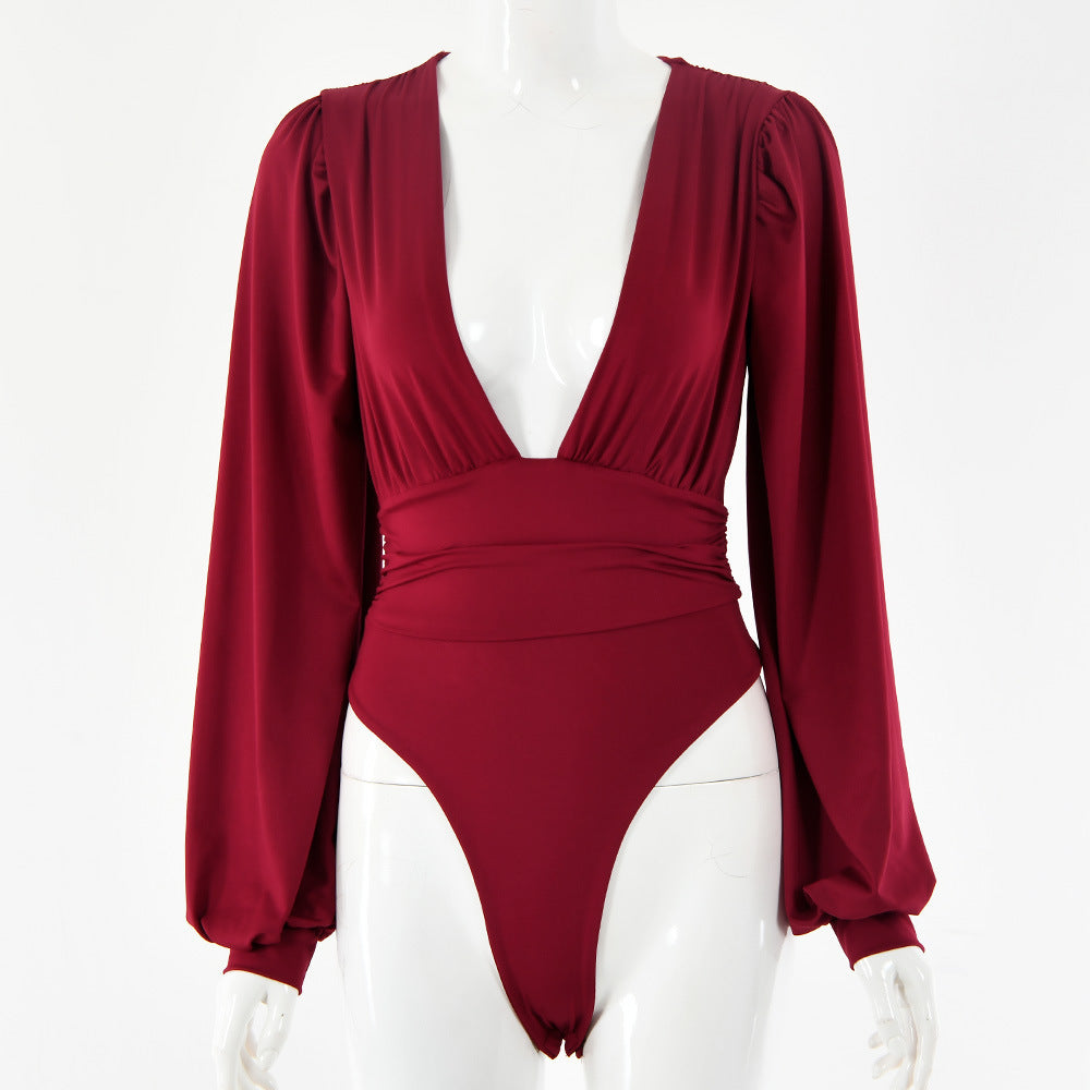 Grace – Body à Manches Longues Sexy avec Profond Décolleté en V et Taille Cintrée