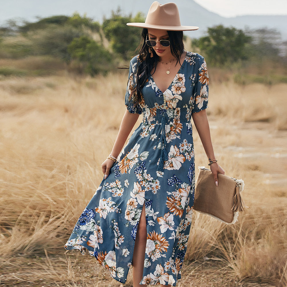 Ashley – Robe d'été florale avec encolure en V et taille élastique