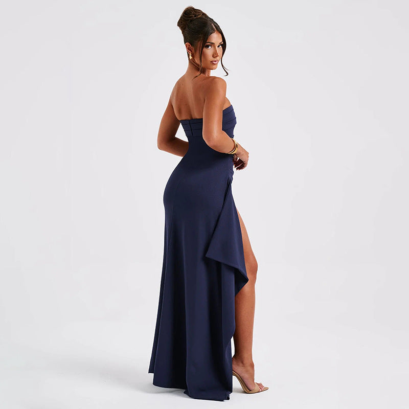 Angela – Robe Longue Sans Bretelles avec Fente et Plissé