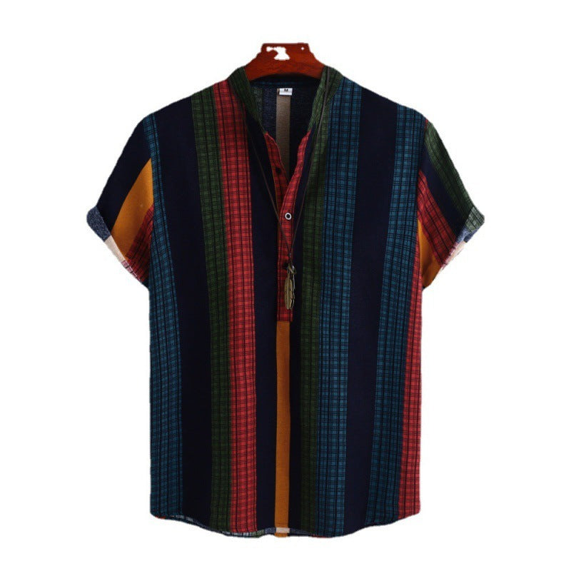 Tony – Chemise en Coton et Lin à Rayures de Style Ethnique avec Col Mandarin et Manches Courtes