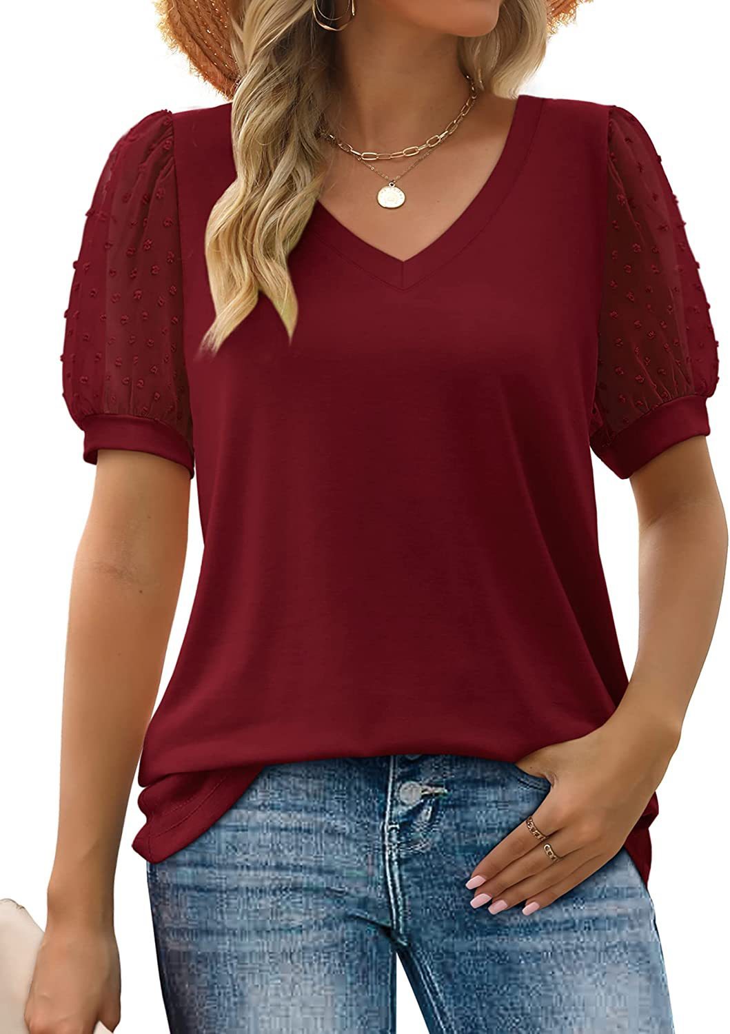 Judith – T-shirts d'été avec manches bouffantes et col en V pour femmes