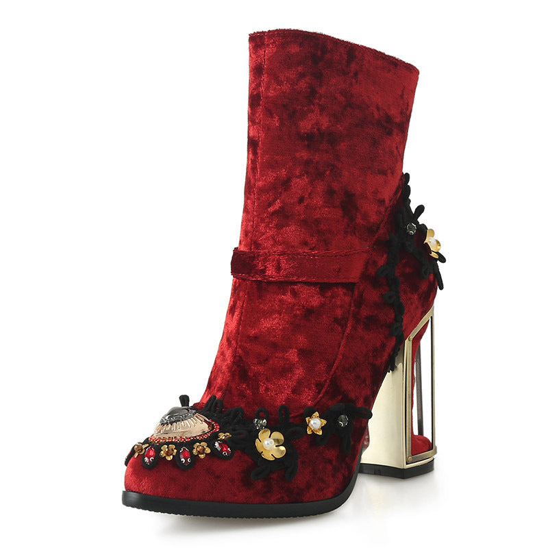 Catherine – Bottes Femme Brodées avec Perles et Fermeture Éclair
