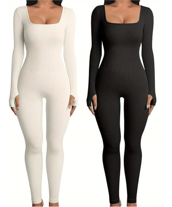 Abigail – Jumpsuit de Fitness à Manches Longues et Col Carré