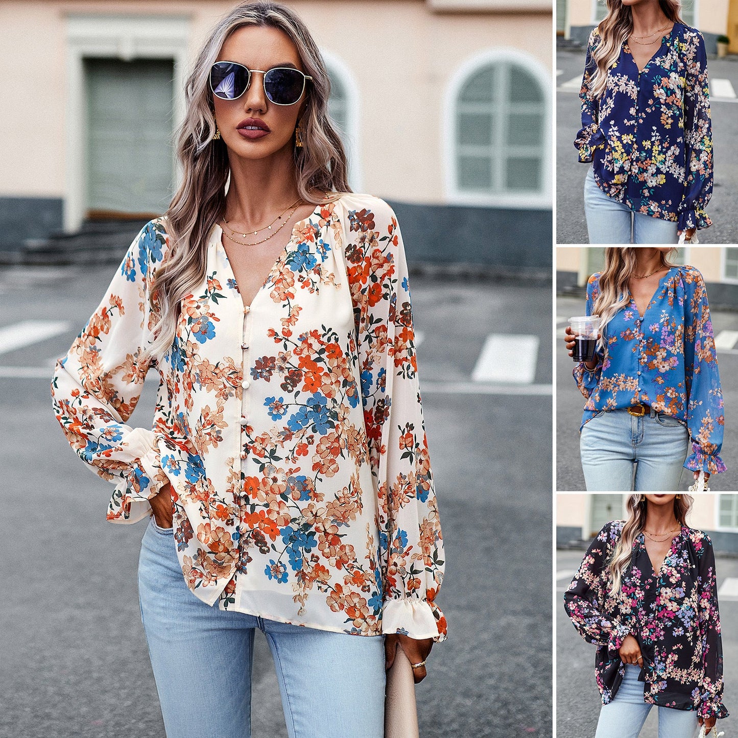 Adele – Blouse fleurie élégante avec col en V