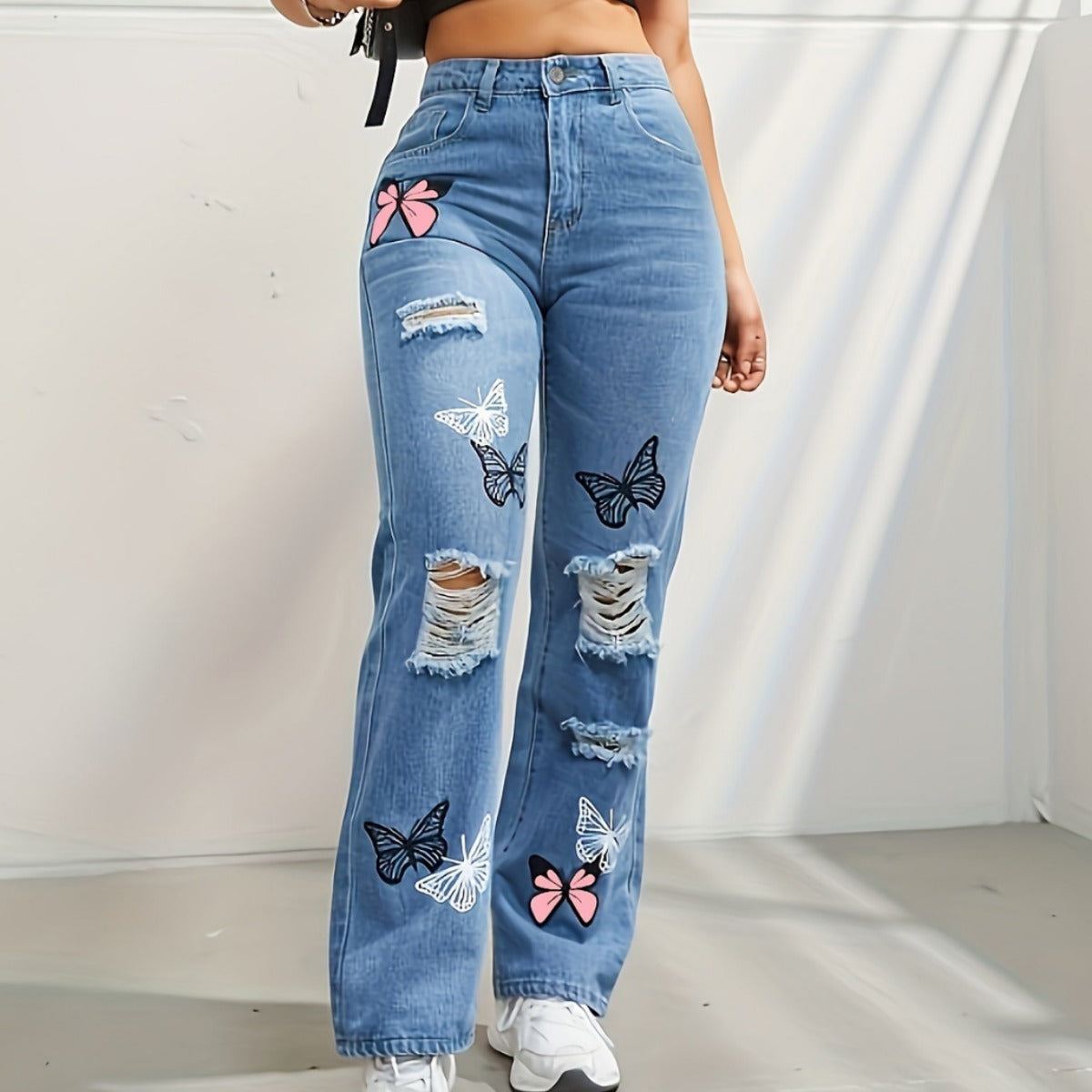 Samantha – Jean Taille Haute avec Imprimé Papillon