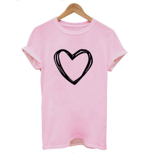 Adèle – T-shirt à motif cœur pour femme, manches courtes, col rond, ample
