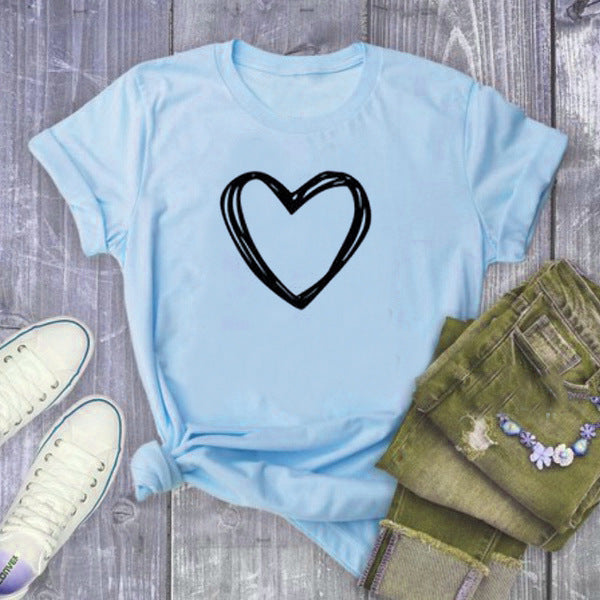 Adèle – T-shirt à motif cœur pour femme, manches courtes, col rond, ample