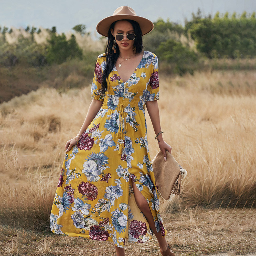 Ashley – Robe d'été florale avec encolure en V et taille élastique