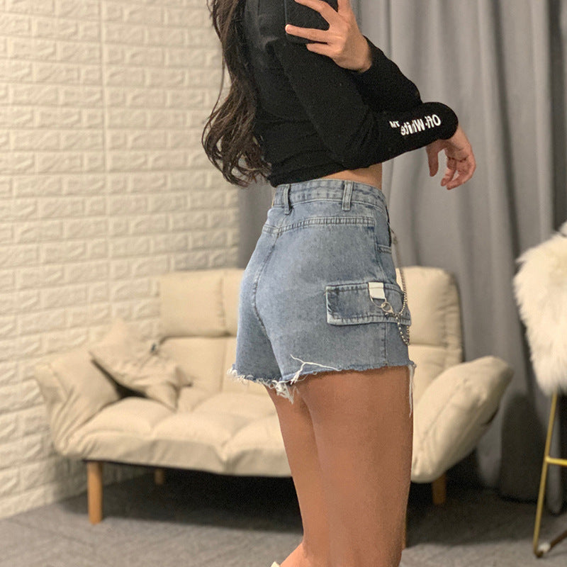 Judith – Shorts en Jean Taille Haute avec Chaîne et Jambe Large
