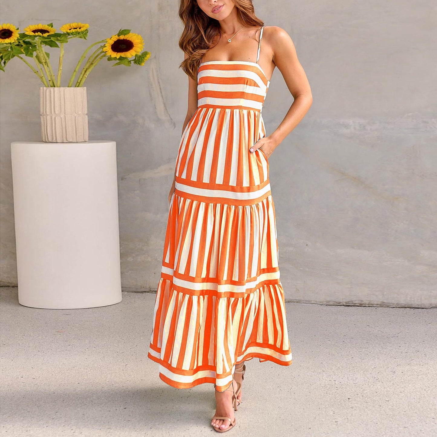 Andrea – Robe longue rayée avec bretelles et poches pour les vacances à la plage