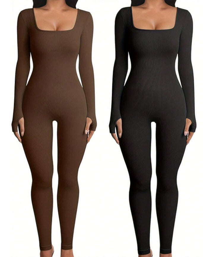 Abigail – Jumpsuit de Fitness à Manches Longues et Col Carré