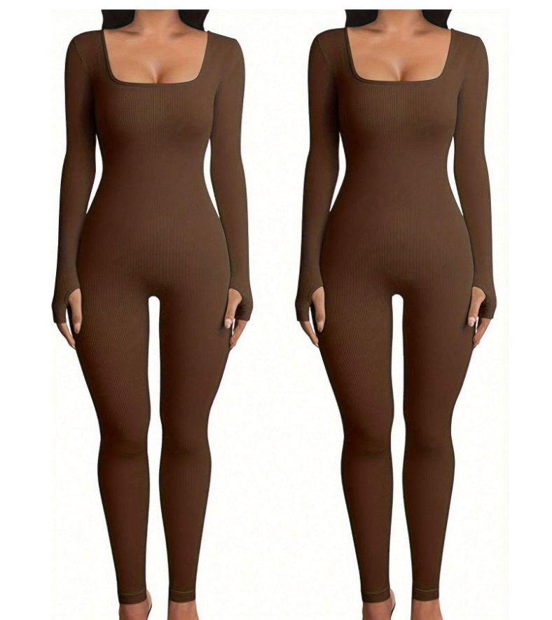 Abigail – Jumpsuit de Fitness à Manches Longues et Col Carré