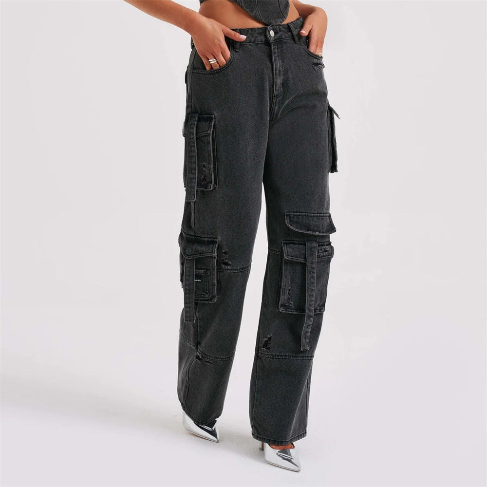 Sarah – Pantalon en denim taille basse avec coutures décoratives