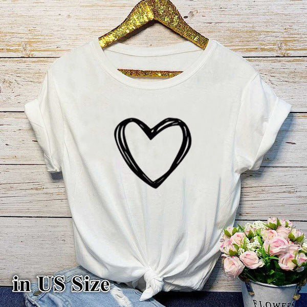 Adèle – T-shirt à motif cœur pour femme, manches courtes, col rond, ample